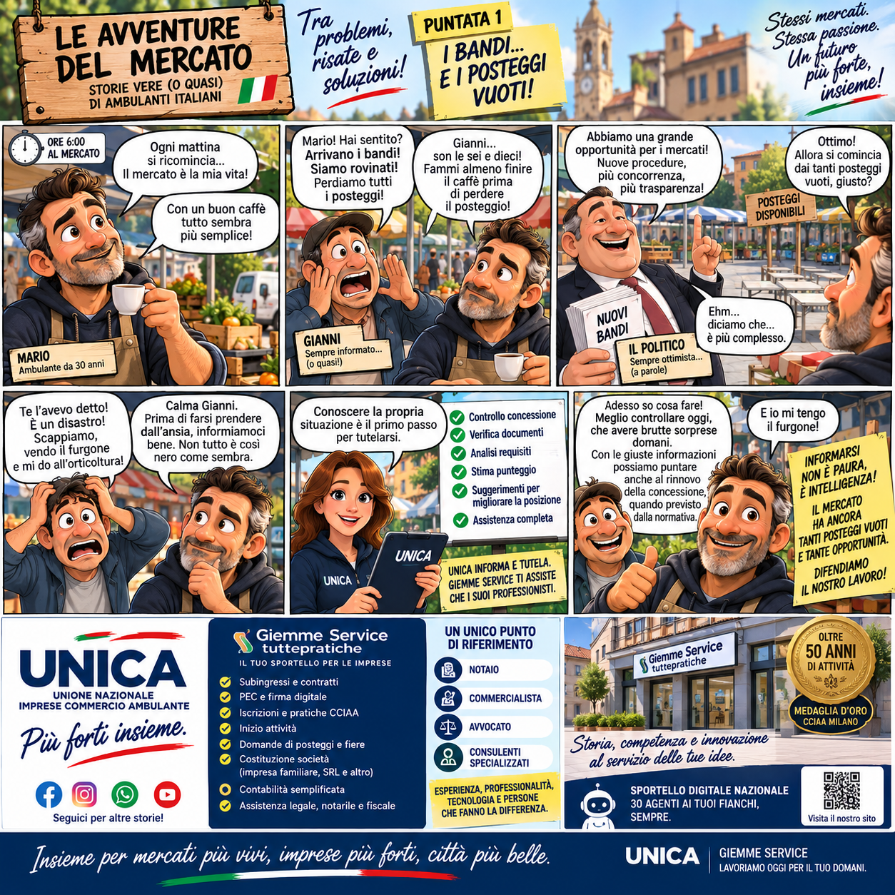 Vignetta: Mario e Gianni parlano del bando per i posteggi al mercato